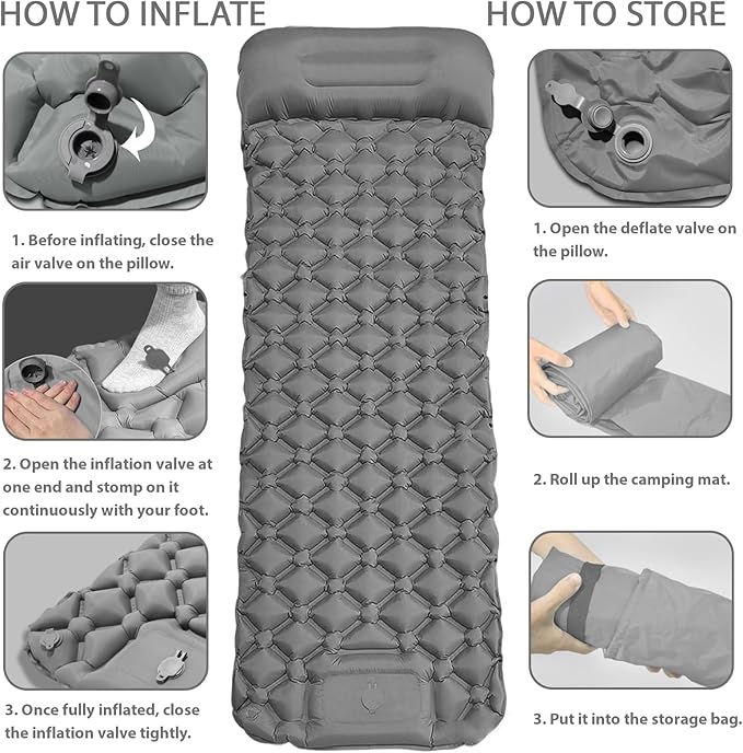 MEI&CO Ultra-Light Inflatable Sleeping Pad with Built-in Pillow & Foot Pump – for Camping, Hiking & Backpacking – Single Pad with Side Buttons for Double Conversion (1, Gray)