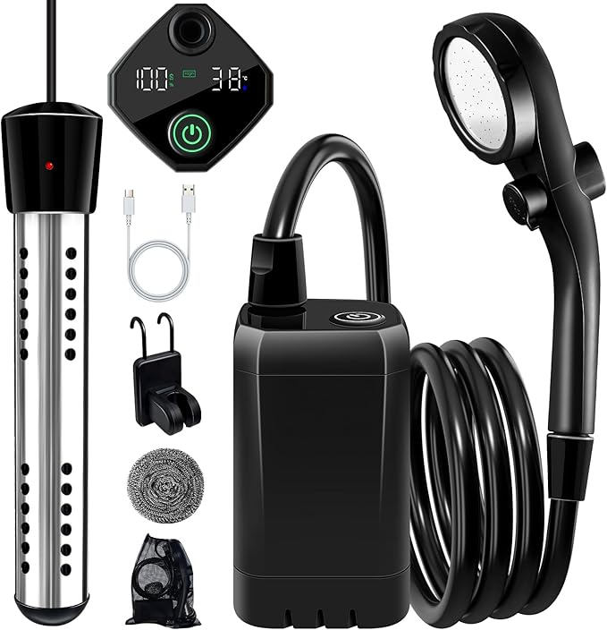 Portable Shower with Heater, 6000mAh Battery Powered Portable Shower for Camping with 2000W Auto-Off Heater, Spray Adjustable Camping Shower with Heater, Digital Power & Temperature Display for Hiking
