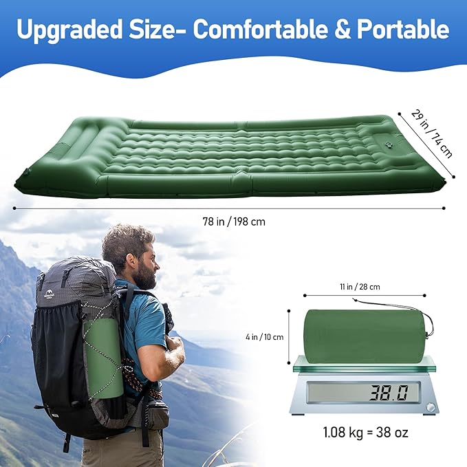 Camping Mattress Extra Thick 5in, Sleeping Pad for Camping with Pillow, Single Backpacking Mat Built-in Pump, Self Inflating Sleeping Pad, Sleep Mat Holds 440 lbs, 40D Nylon, Repair Kit