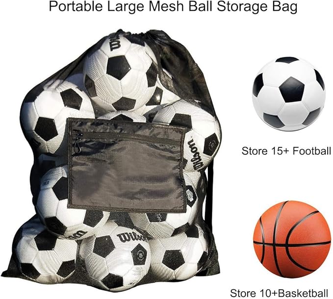 Greenery-GRE Extra Large Mesh Equipment Bag Adjustable Strap Drawstring Heavy Duty Hold 15 Soccer Balls Netball Basketball Football Bags Sports Duffel
