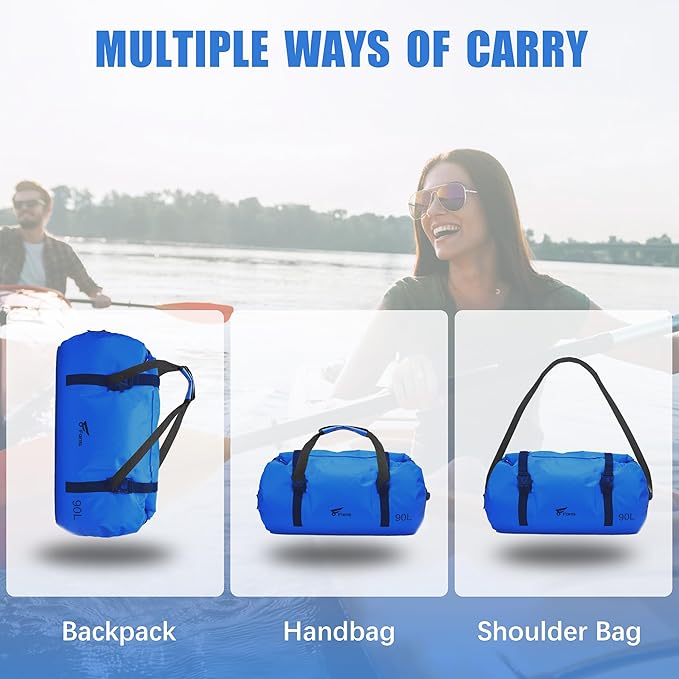 8 Fans Extra Large Waterproof Duffle Bag,Heavy Duty Travel Dry Bag with Durable Straps & Handles, Ideal for Kayaking,Paddleboarding,Boating,Rafting,and Fishing (Blue, 90L)