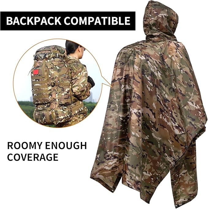 Camo Rain Poncho, Multi Use Waterproof Rain Coat