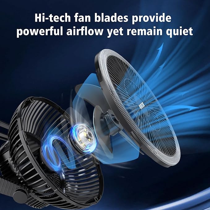 MORECORE Portable Camping Fan with LED Lantern, 24HRS Running 8inch Rechargeable Tent Fan, Powerful 3-Speed 180° Rotate with Hook, Quiet for Outdoor RV Travel Fishing Hurricane Emergency Power Outage