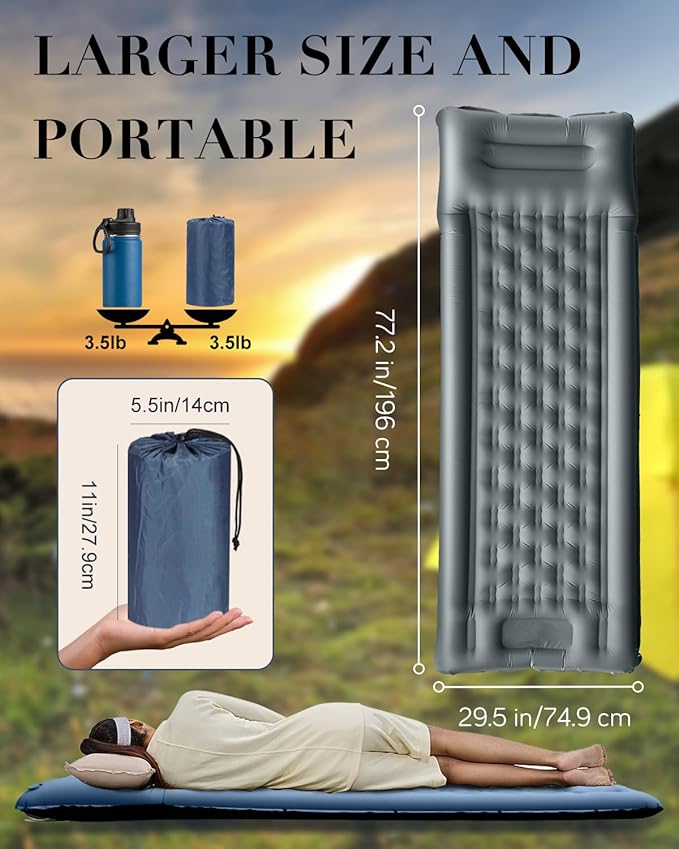 Camping Sleeping Pad, Inflatable Air Mat 5" Thick with Pillow, Built-in Foot Pump, Waterproof Layer for Pool Float, Beach, Hiking, Traveling, Tent (Blue Gray)