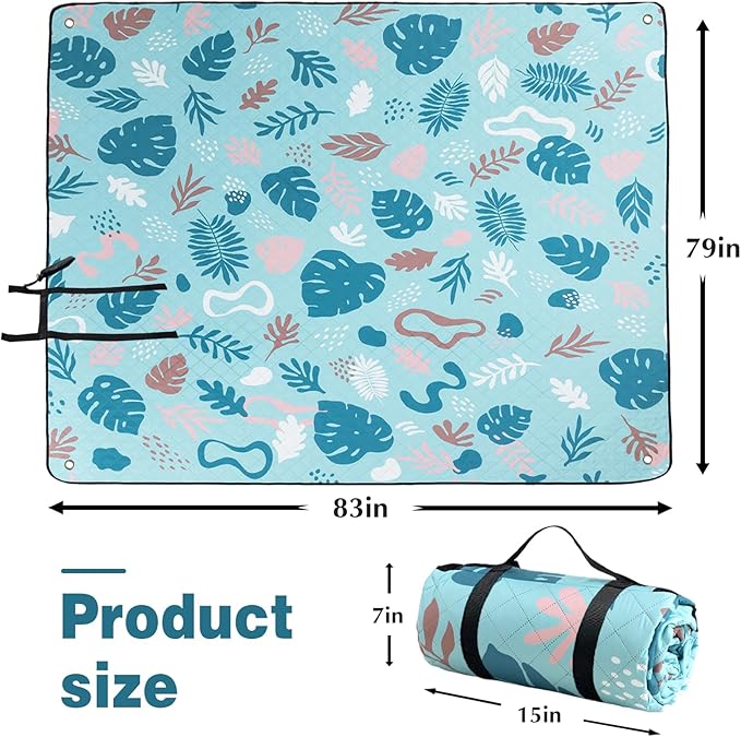 PY SUPER MODE Extra Large Waterproof Picnic Blankets 83x79 Inches - 5 Layer Outdoor Picnic Mat for Beach Camping Park Lawn, Windproof Anchor System with Stakes, Foldable Blue&Green