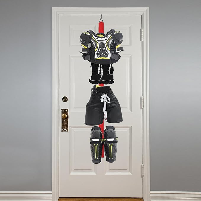 Hockey Hanger Portable Hanging Dryig Rack Hockey Gifts for Home and Outdoor Using in Ice Hockey Skating Football Camping Fishing 5 Hooks (Red)