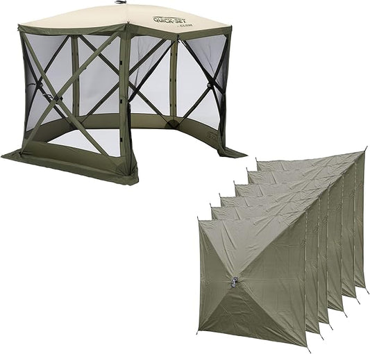 CLAM Quick Set Venture 9x9 Ft Portable Outdoor Camping Canopy Shelter, Green/Tan + Clam Quick Set Screen Hub Tent Wind & Sun Panels, Green (2 Pack)
