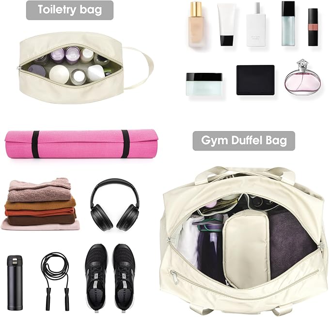 Ceneda 20" Gym Duffel with Wet Pocket & Shoes Compartment - Portable Overnight Weekender Travel & Yoga Bag for Women (Ivory)