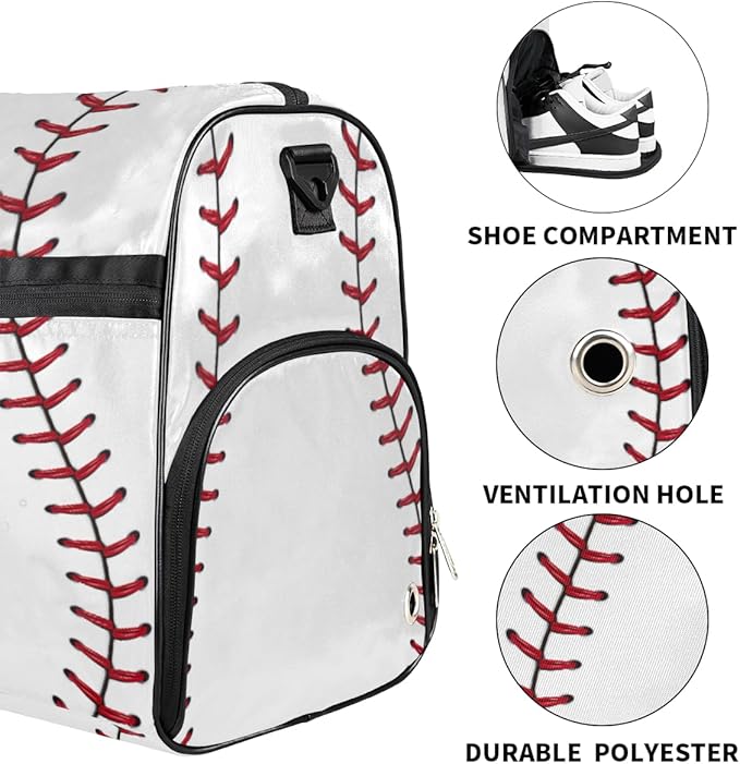Baseball Dry Wet Depart Duffle Overnight Bag with Shoes Compartment & Wet Pockets, Water Resistant Weekender Travel Gym Pouch For Swim Gymnastics Ballet Sleepovers