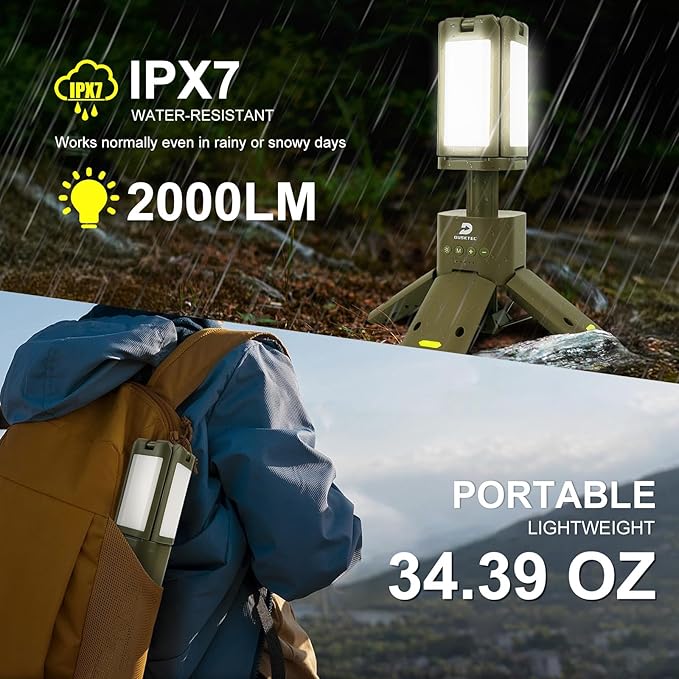 DUSKTEC 2000LM Camping Lantern, Portable IPX7 Waterproof Camping Lamp Rechargeable with 14000mAh, Magnetic Base & Telescopic Light Quadpod, 270° Rotating Blades, 3 Color Dimming for Emergency, Hiking