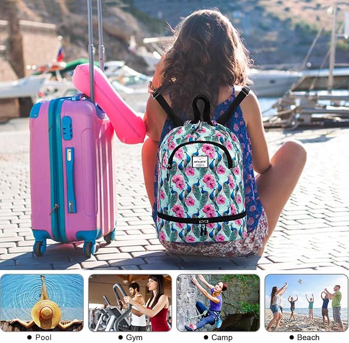 Dry Wet Drawstring Backpack with Shoe Compartment for Women Adjustable Gym Bag