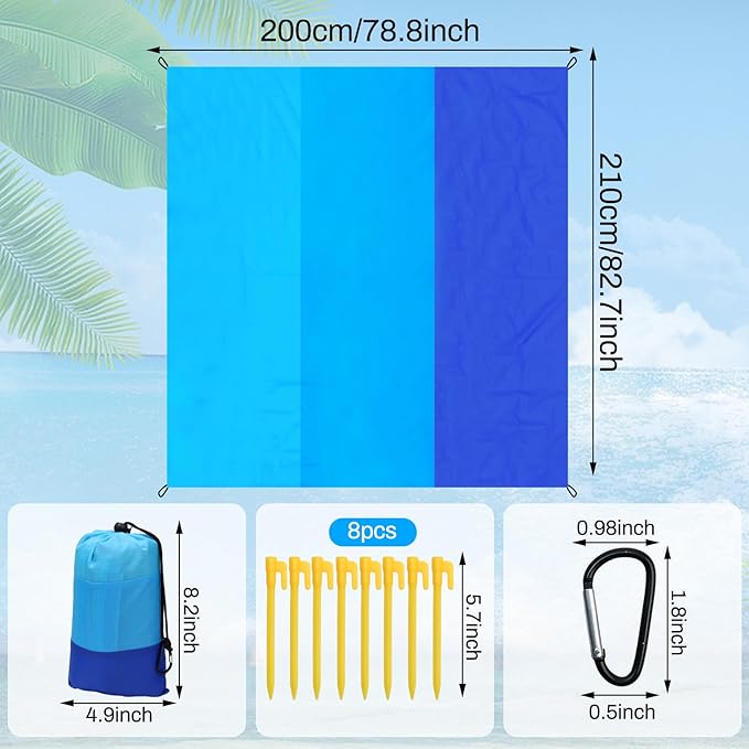 Beach Blanket Waterproof Sandproof Beach Mat 79" X 83" for 2-7 Adults Lightweight Quick Drying Outdoor Picnic Mat Beach Accessories for Travel, Picnic,Camping,Hiking (Blue)