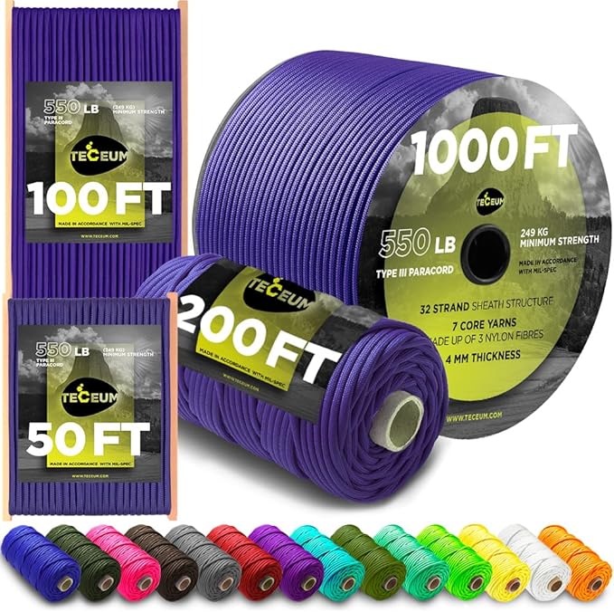 TECEUM Heavy Duty Rope 1000 – 1000ft / 200ft / 100ft / 50ft – 40+ Colors – Utility Rope for Survival & Camping Gear – Nylon String, Camping Rope, para Cord, Utility Nylon Rope, Tent Cord