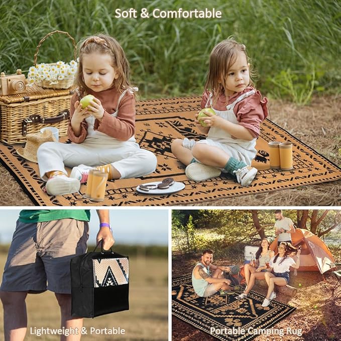 LILIOFFIC Outdoor Rugs for Patio Clearance - 5'x8' Waterproof Reversible Indoor Outdoor Rug Carpet, Portable Outdoor Plastic Straw Rug for RV Camping, Picnic, Beach, Porch, Deck, Black & Brown