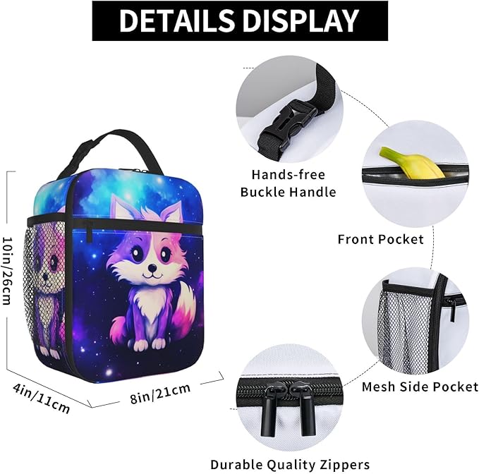 Galaxy Fox Printed Insulated Lunch Box Portable Lunch Bag with Detachable Handle,Reusable Lunchbox for Office Work Travel Picnic Camping Beach
