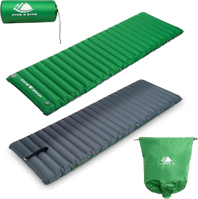 Hyke & Byke Appalachian Inflatable Sleeping Pad for Camping and Backpacking - WR 70 D Ripstop Nylon Fabric - 76 x 24 in - Long - Gray Green