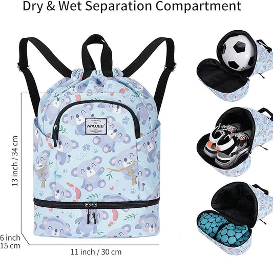 Dry Wet Drawstring Backpack with Shoe Compartment for Women Adjustable Gym Bag