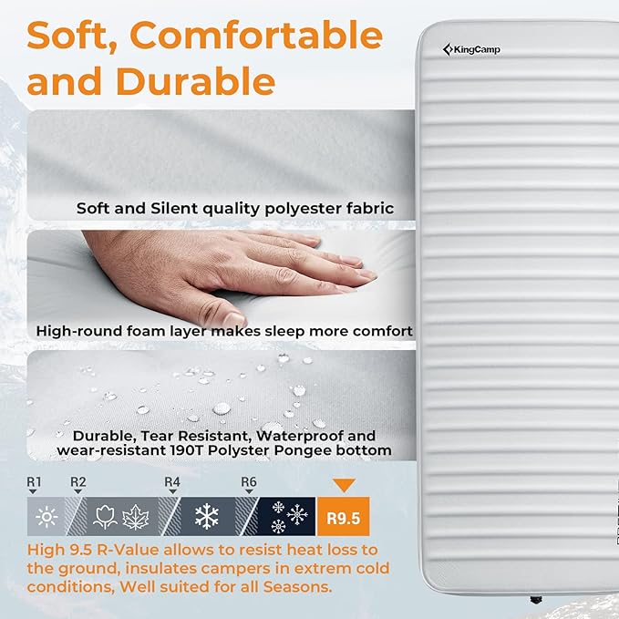 KingCamp Self Inflating Sleeping Pad for Camping Ultra Thick Double Single Foam Mattress High R Value Camping Air Pad Mat, Multi Colors & Sizes