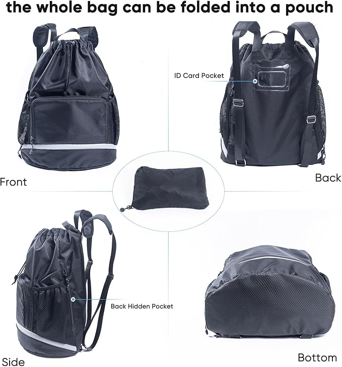 Swim Beach Sports Drawstring Backpack - Gym Bag with Shoes Compartment and Waterproof Pocket for Gym Accessories, Swim Essentials - Kids Mens Beach Workout Bag