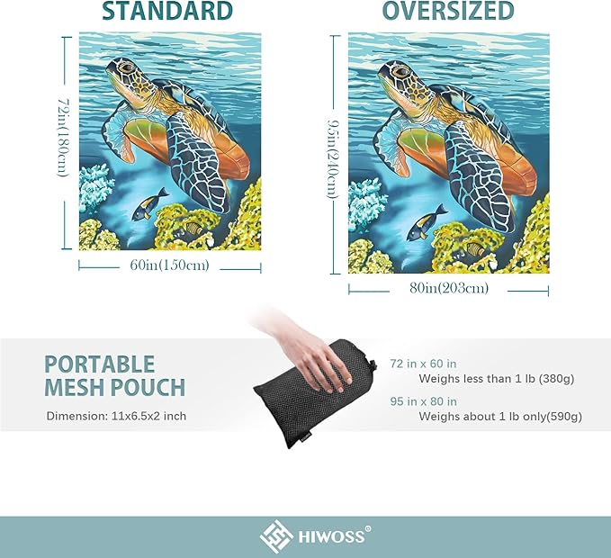 Beach Blanket Waterproof Sandproof Oversized 95”x 80”,Sand Free Beach Mat with Corner Pockets,Portable Mesh Bag for Beach Festival,Picnic,Travel and Outdoor Camping (Turtle Plus)