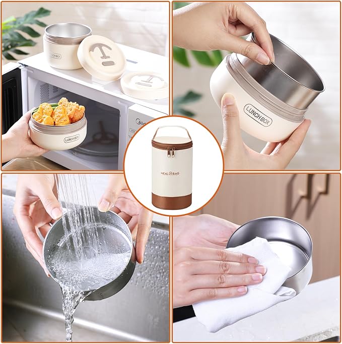 Dandat 3 Pcs Portable Insulated Lunch Container Set for Adult kids, Stackable Stainless Steel Bento Box for Hot Food with Insulated Lunch Bag Unisex 3 Separate Thermal Food Container(Beige)