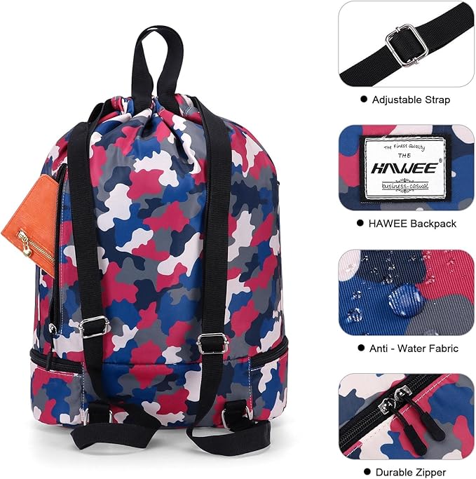 Dry Wet Drawstring Backpack with Shoe Compartment for Women Adjustable Gym Bag