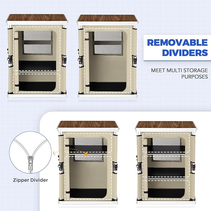 EAGLE PEAK Outdoor Folding Camping Table with Large 3-Tier Storage Organizer and Side Pockets, Easy Set Up Portable Aluminum Camping Kitchen, Beige