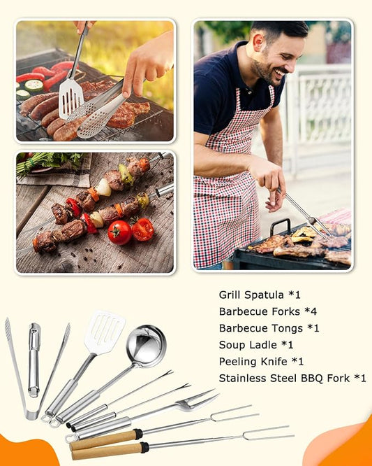 Camping Cooking Set - Camping Utensil Set Car Camping Cooking Essentials Gear for Camp Kitchen Cooking and Grilling, Stainless Steel & Silicone Ideal Gift for RV Tent Camper, Picnics, BBQs
