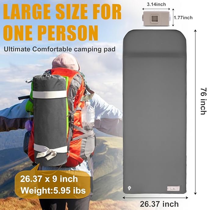 Self Inflating Sleeping Pad with Electric Pump, 3.14" Ultra-Thick Memory Foam Camping Mattress Pad with Pillow Fast Inflating in 30s,9.5 R-Value Insulated Camping Pad for Camping Car Travel, LightGrey