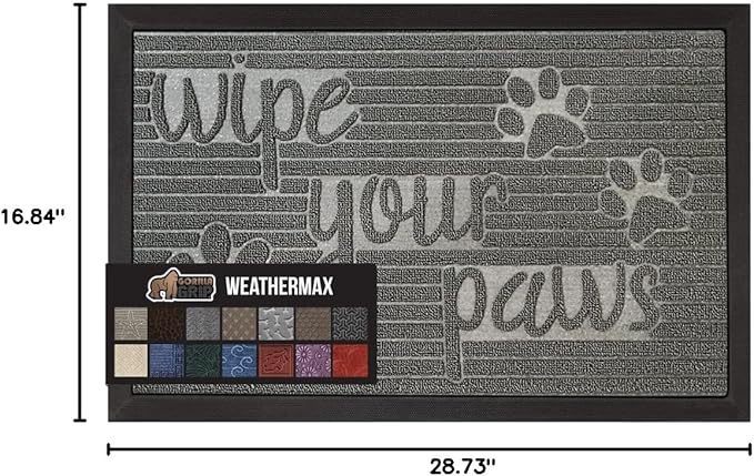 GORILLA GRIP 100% Waterproof All-Season WeatherMax Doormat, Durable Natural Rubber, Stain and Fade Resistant, Low Profile, Indoor Outdoor Door Mats, Easy Clean Patio Entrance Mat, 17x29, Stone Paws