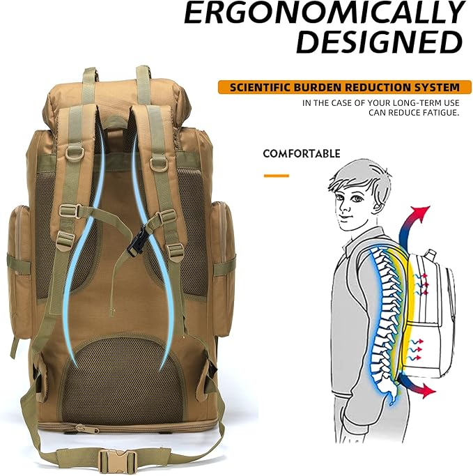 70L/100L Hiking Camping Backpack MOLLE Rucksack Waterproof Daypack for Traveling (Khaki)