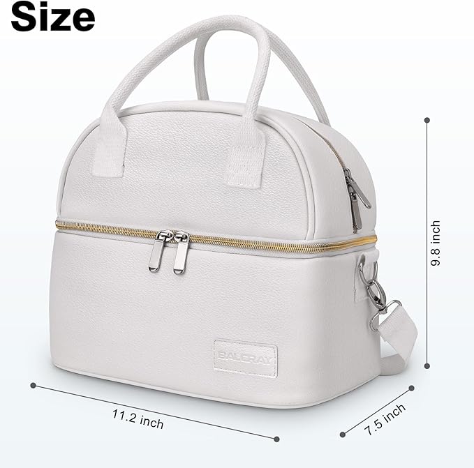 BALORAY Lunch Bag for Women Men, Double Deck Lunch Box for Adults, PU Leather Lunch Tote Bag Insulated Lunch Bags with Strap for Work Office Picnic
