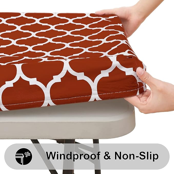 Smiry Rectangle Picnic Table Cover, Waterproof Elastic Fitted Camping Tablecloths for 4 Foot Tables, Wipeable Flannel Backed Vinyl Tablecloth Protector for Indoor, Outdoor (Rust, 30x48 Inches)