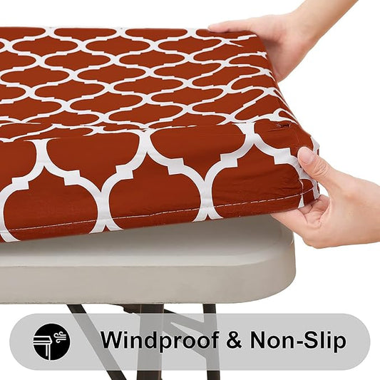 Smiry Rectangle Picnic Table Cover, Waterproof Elastic Fitted Camping Tablecloths for 6 Foot Tables, Wipeable Flannel Backed Vinyl Tablecloth Protector for Indoor, Outdoor (Rust, 30x72 Inches)
