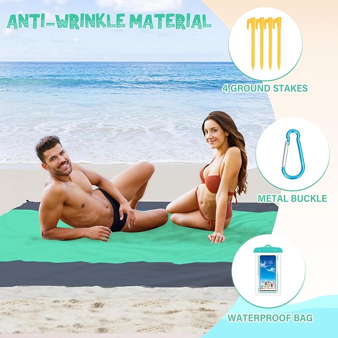 Beach Blanket Waterproof Sandproof 1-7 Adult Oversized 78 '' × 81 '' Lightweight Durable Compact Sand Free Beach Mat for Travel Camping Hiking Picnic Blanket