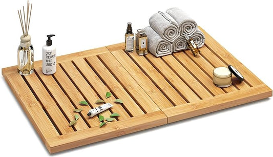 Waterproof Bamboo Bath Mat for Shower, Foldable | Non-Slip | Heavy Duty, Wooden Bath Mat, Floor Mat and Doormat for Indoor Outdoor, 23.4in x 15.6in