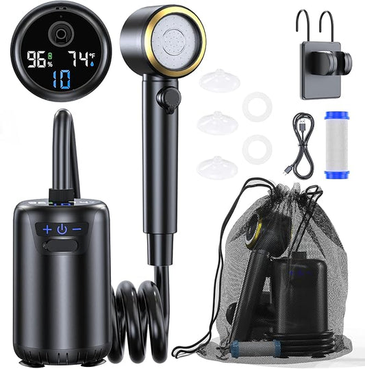 Portable Camping Shower, Upgraded Outdoor Shower with 10 Gear Switching, Fahrenheit Display & 8000mAh Rechargeable Battery Pump IPX8 Waterproof for Camp, Hiking, Car Washing