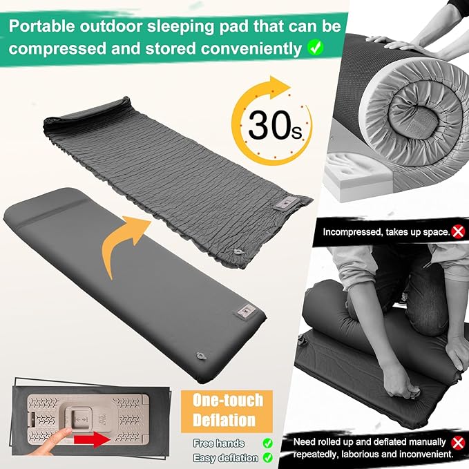 Self Inflating Sleeping Pad with Electric Pump,3.14" Thick Memory Foam Sleeping Mats for Camping,Easy Inflate&Deflate,9.5 R-Value Insulated Camping Mattress with Pillow for Car Travel Tent, Grey