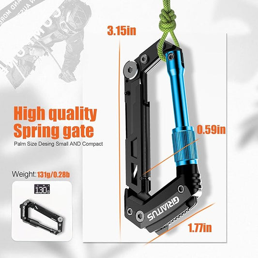 Carabiner Multitool with Pocket Knives, EDC Carabiners, Serrated Knife, Rope Cutter, Screwdriver, Can Bottle Opener, Ruler, Folding Knife for Camping Hiking, Gifts for Men (Blue)