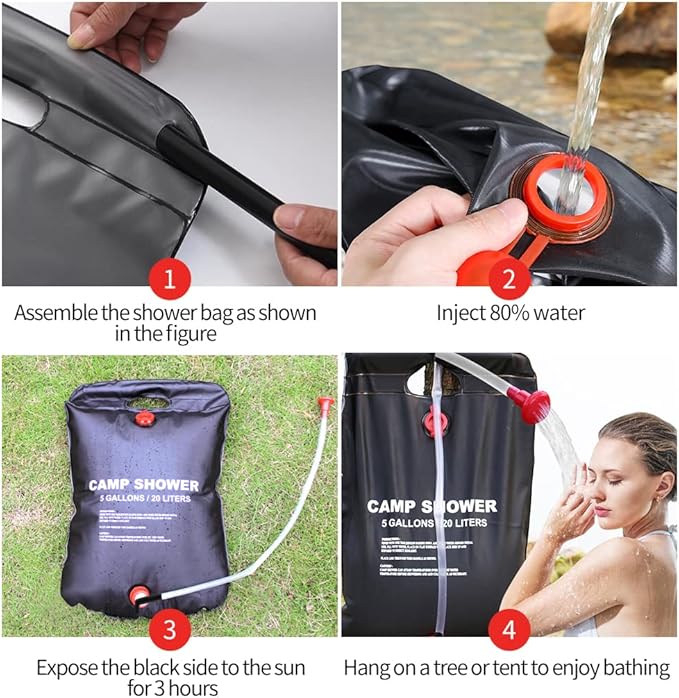 DkOvn Solar Shower Bag, 1/2/4 Pack 5 Gallons/20L Camping Shower Bag, Portable Shower Bag with Removable Hose and On-Off Switchable Shower Head for Camping Beach Swimming Outdoor Traveling