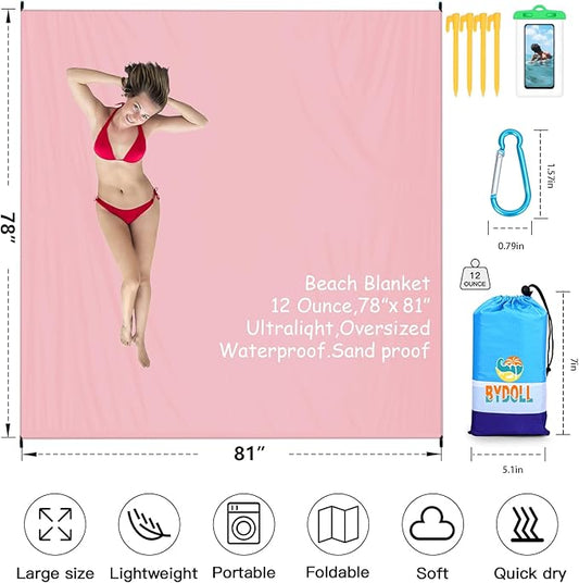 BYDOLL Beach Blanket 78''X81'' 4-7 Adults Oversized Lightweight Waterproof Sandproof Blanket for Beach Large Picnic Mat Travel Camping