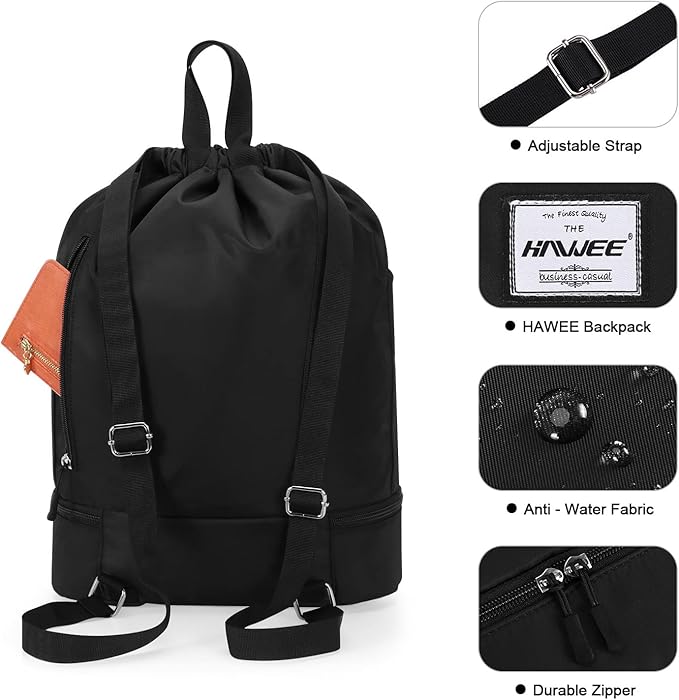 Dry Wet Drawstring Backpack with Shoe Compartment for Women Adjustable Gym Bag