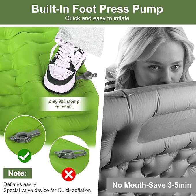 Camping Sleeping Pad, 50D Extra Thickness 4.7 Inch Inflatable Sleeping Mat Lightweight Waterproof Camping Pad, Foot Self-Inflating Sleeping Pads for Backpacking, Hiking, Traveling (Green+Grey)