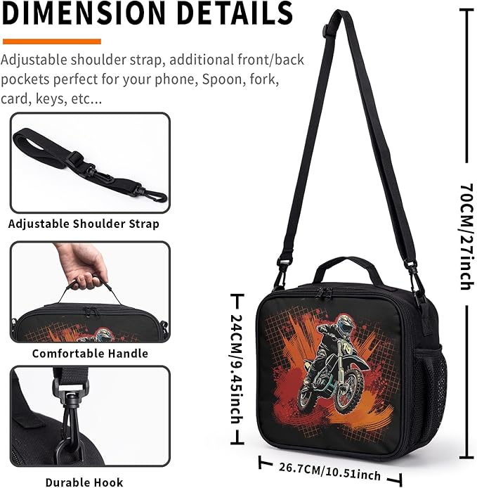 Doodle Motorcycle Lunch Bag Dirt Bike Lunch Boxes for Women/Man Office Work Travel, School, Work, Picnic, Durable Reusable Insulated Large Lunch Tote Bag with Adjustable Shoulder Strap