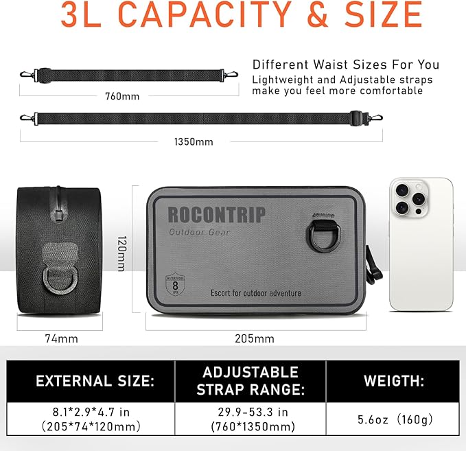 ROCONTRIP 100% Waterproof Dry Bag, Dry Waist Pack with Airtight Zipper Adjustable Strap Sling Bag Lightweight Crossbody Dry Bag for Kayaking Snorkelling and Swimming