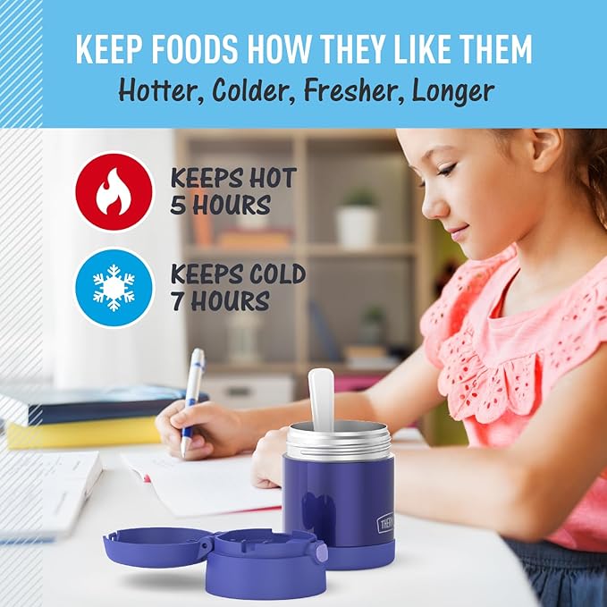 THERMOS FUNTAINER Insulated Food Jar, 10 Ounce, Kid Friendly Food Jar with Foldable Spoon, Purple