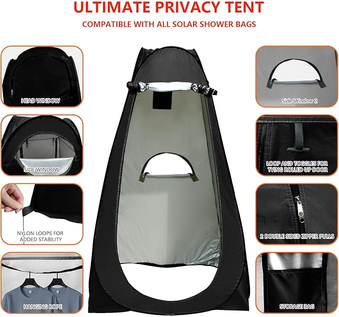 Camping Shower Tent,Pop Up Privacy Tent with Solar Shower Bag,Waterproof Pop Up Shower Tent for Portable Outdoor Toilet Shower Changing Room Sun Shelter Camping (Black/Camouflag/Green)
