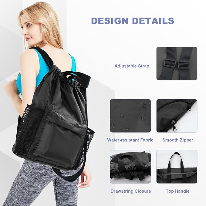 BeeGreen Drawstring Backpack Sports Gym Bag With Shoe Compartment and Two Water Bottle Holder …