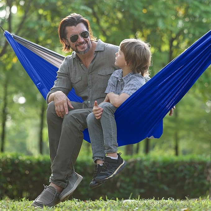 Camping Hammock with Net,Portable Lightweight Double Hammocks with Tree Straps and Solid D-Shape Carabiners,Parachute Nylon Hammock for Backpacking Beach Backyard Patio Hiking Blue&Grey