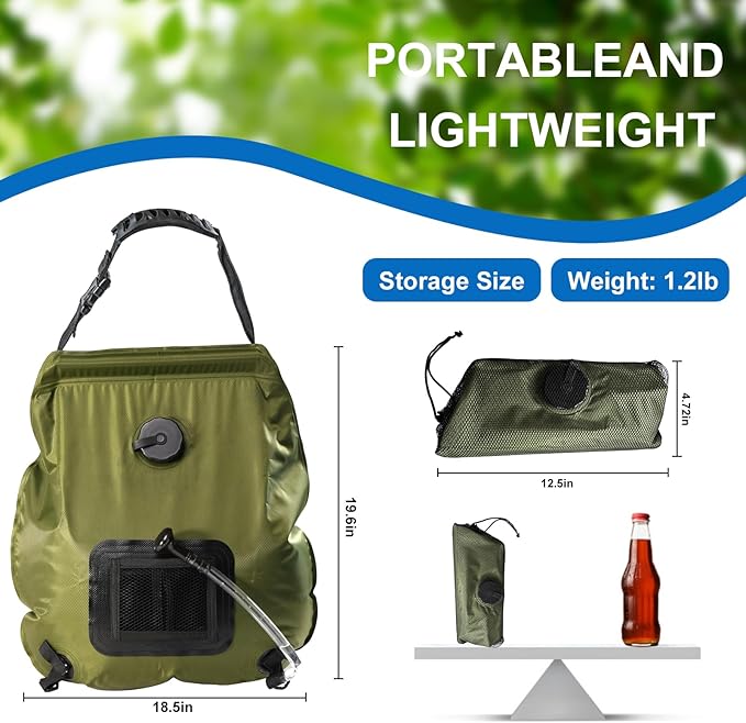 Camping Shower Bag, Solar Shower Bag 5-Gallon with Detachable Hose, Retractable Head Switch - Portable Shower for Camping Suitable for Camping, Hiking, Travel, Beach Swimming